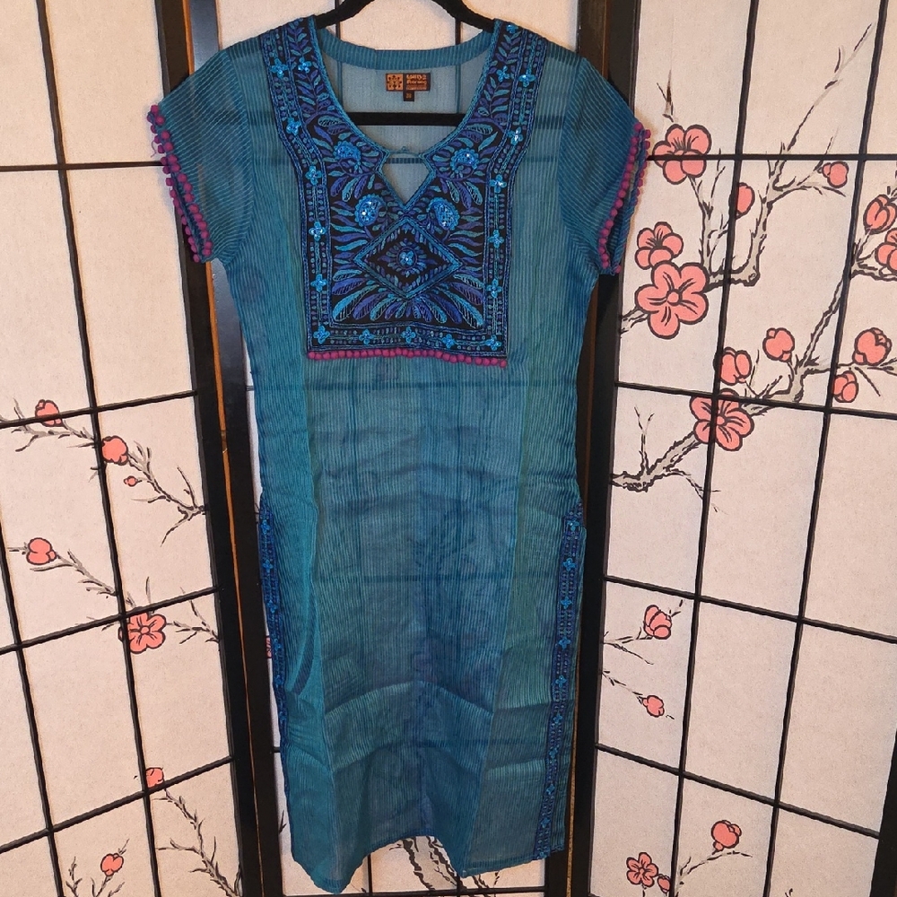 Aarong Women Kurta Embroidered Indian Pakistan Kaftan Ethnic Top Dress Blue 38